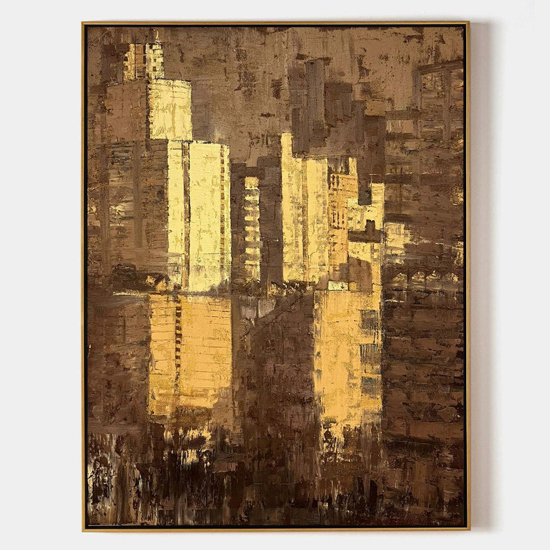 Large Brown Gold Abstract Cityscape Canvas Art Modern Abstract Wall Art City Canvas Art For Sale