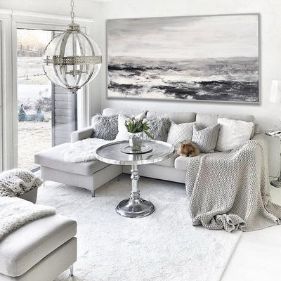 Large Black And White Beach Painting Acrylic Panoramic Abstract Seascapes Extra Large Coastal Wall Art