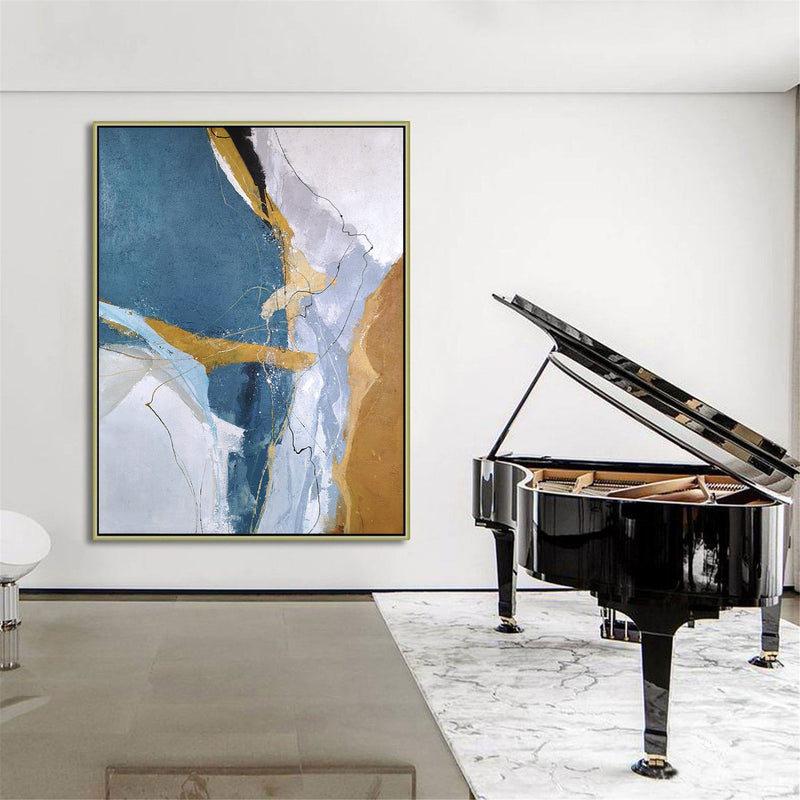Large Vertical Blue Gold Wall Art Oversized Abstract Canvas Art For Living Room