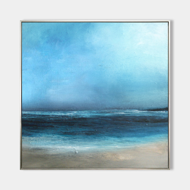 Large Beach Artwork Square Blue Ocean Painting Oversized Beach Canvas Wall Art