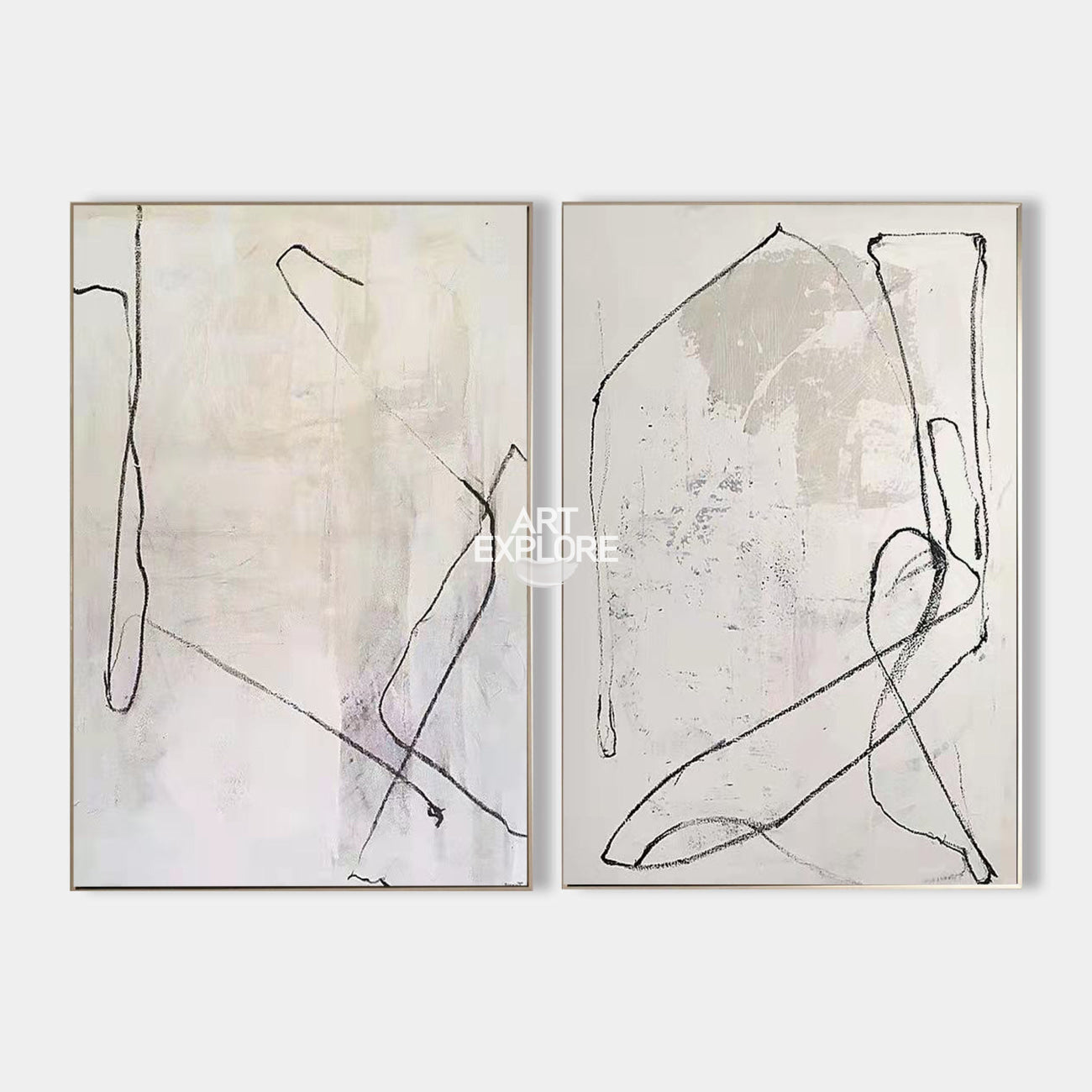 Modern Black Line Abstract Wall Art Set Of 2 Beige Minimalist Painting Beige And White Minimalist Wall Art For Sale
