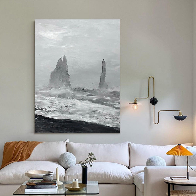 Black And White Sea Shore Oil Painting Large Abstract Ocean Canvas Wall Art Rich Textured Abstract Art Painting