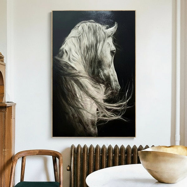 Large White Horse Oil Painting Wild Horse Canvas Art Black and White Horse Painting Livingroom painting