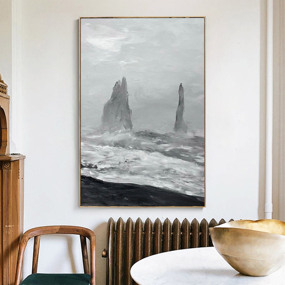 Black And White Sea Shore Oil Painting Large Abstract Ocean Canvas Wall Art Rich Textured Abstract Art Painting