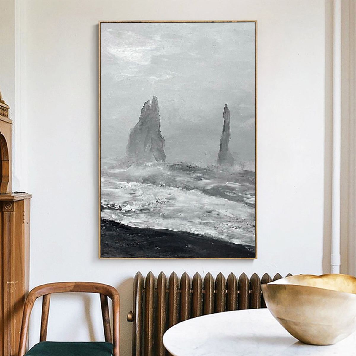Black And White Sea Shore Oil Painting Large Abstract Ocean Canvas Wall Art Rich Textured Abstract Art Painting