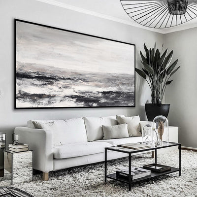 Large Black And White Beach Painting Acrylic Panoramic Abstract Seascapes Extra Large Coastal Wall Art