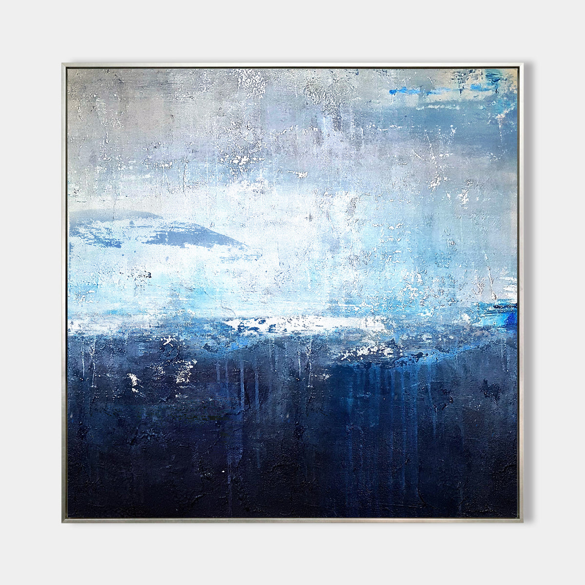 Original Extra Large Square Navy Blue Abstract Ocean Painting On Canvas