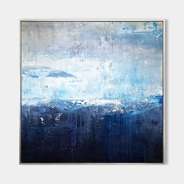 Original Extra Large Square Navy Blue Abstract Ocean Painting On Canvas