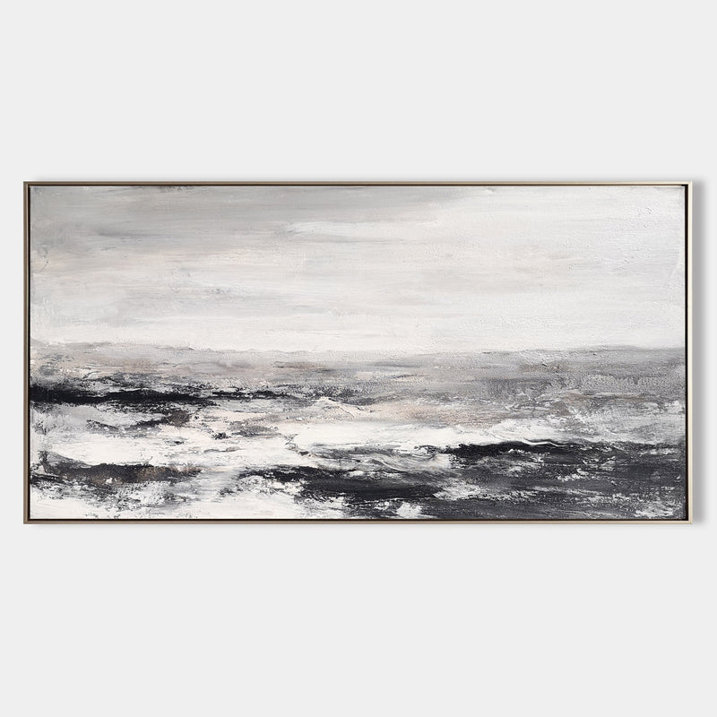 Large Black And White Beach Painting Acrylic Panoramic Abstract Seascapes Extra Large Coastal Wall Art