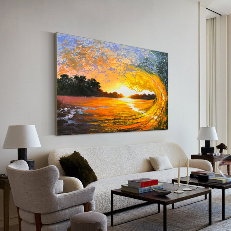 Large Sunset And Ocean Canvas Art Wave Painting On Canvas Huge Ocean Modern Art For Living Room Decor