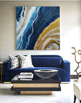 Gold And Blue Abstract Art Large Square Modern Canvas Art For Living Room 