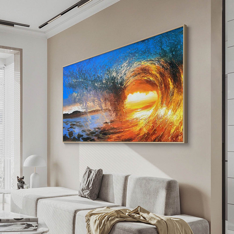 Big Ocean Sunset Painting Orange Wave Wall Art Large Coastal Painting Bright Color Painting Blue Beach Wall Art Framed Sky Canvas Art Decor