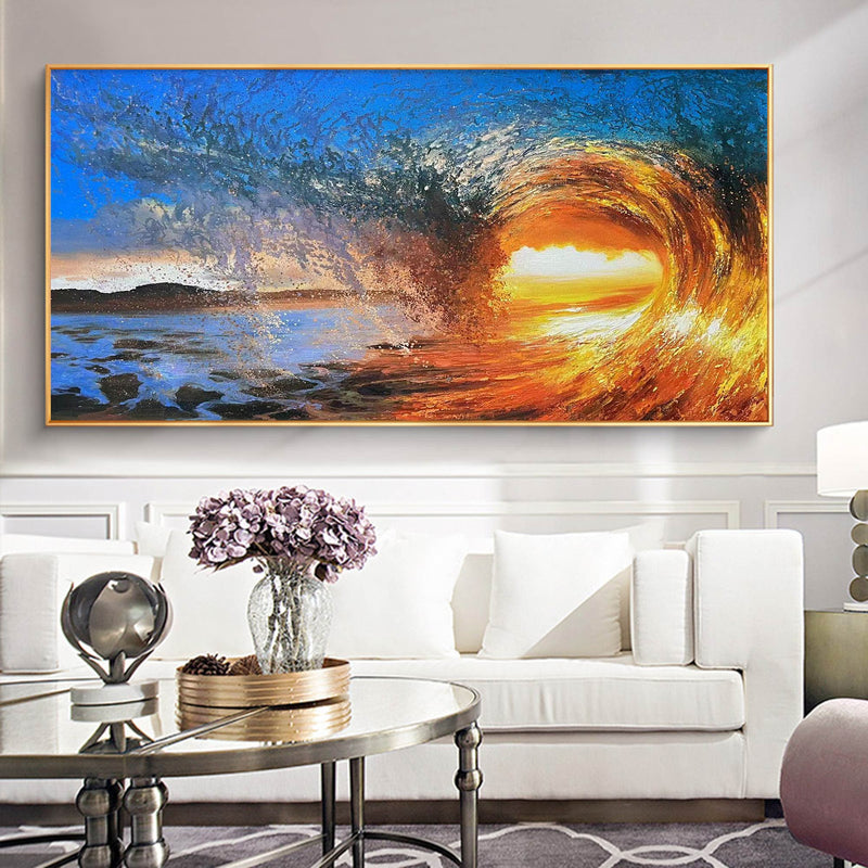 Big Ocean Sunset Painting Orange Wave Wall Art Large Coastal Painting Bright Color Painting Blue Beach Wall Art Framed Sky Canvas Art Decor