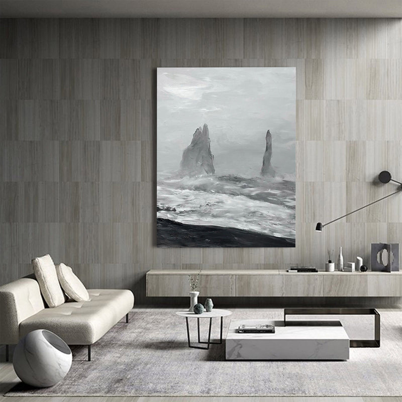 Black And White Sea Shore Oil Painting Large Abstract Ocean Canvas Wall Art Rich Textured Abstract Art Painting