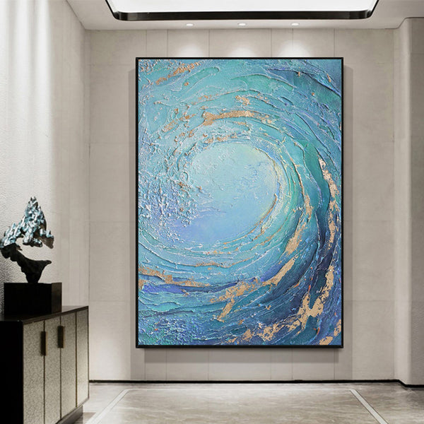 Blue Huge Wave Oil Painting On Canvas Large Abstract Ocean Wall Art Ocean Wave Painting Acrylic Textured Art Blue And Gold Abstract Painting