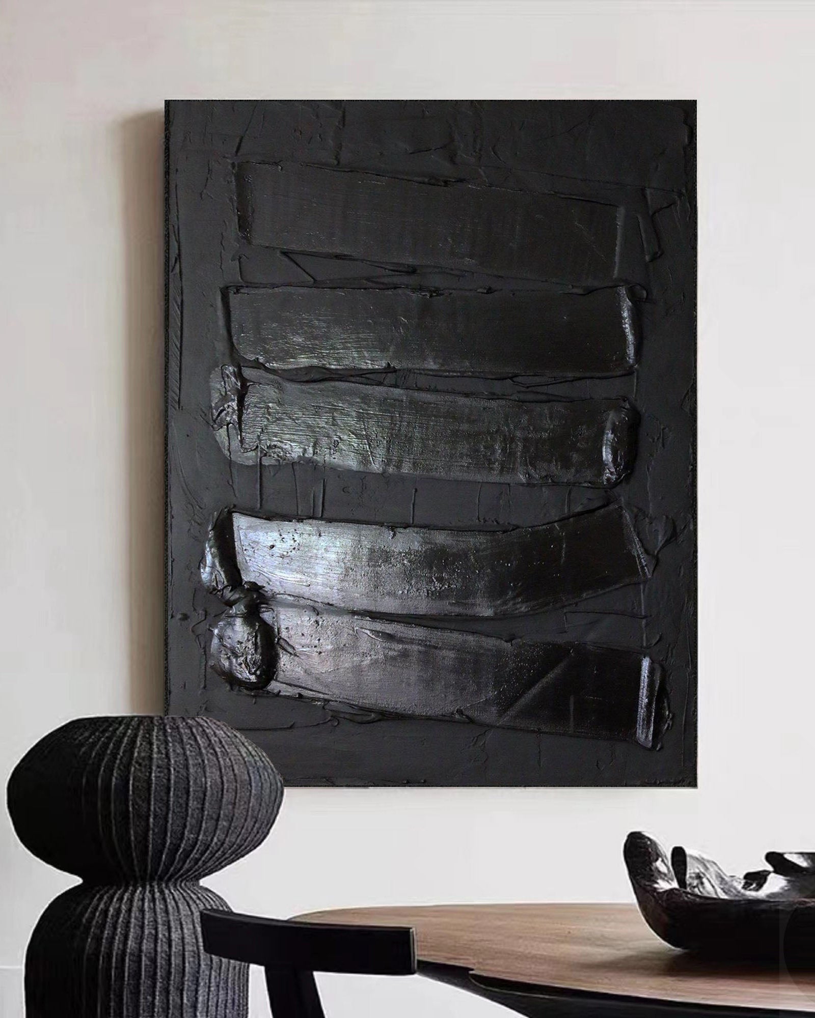 Large Black Abstract art Black 3D Textured Painting Black 3D Minimalist ...