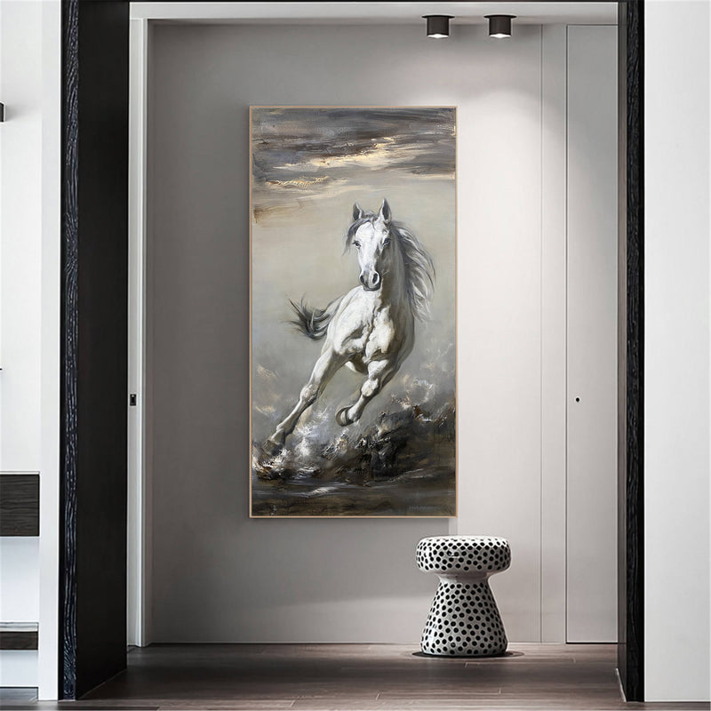 Grey Running Horse Painting On Canvas Large Arabian Horse Wall Art Huge Horse Oil Painting