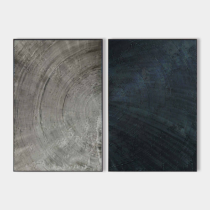 Modern Minimalist Art Texture Art 2 Pieces Black Grey Painting Circular Line Canvas Painting 