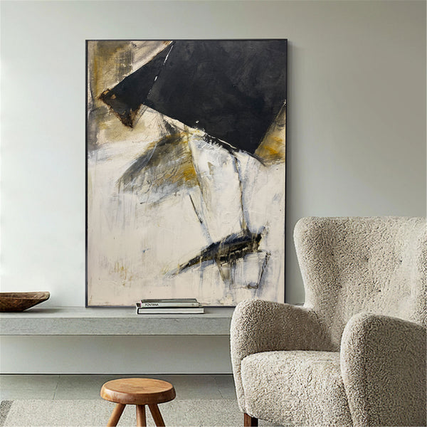 Large Vertical Modern Canvas Wall Art Original Black White Yellow Abstract Painting On Canvas Abstract Wall Art