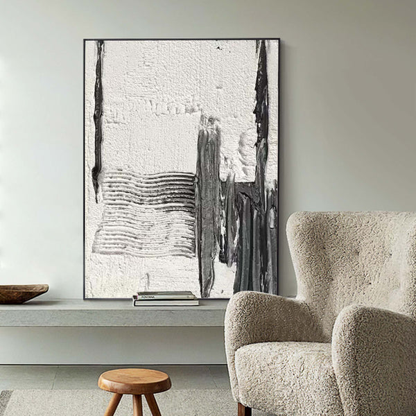 Black And White Textured Painting, Minimalist Abstract Painting, Living Room Black Abstract Art