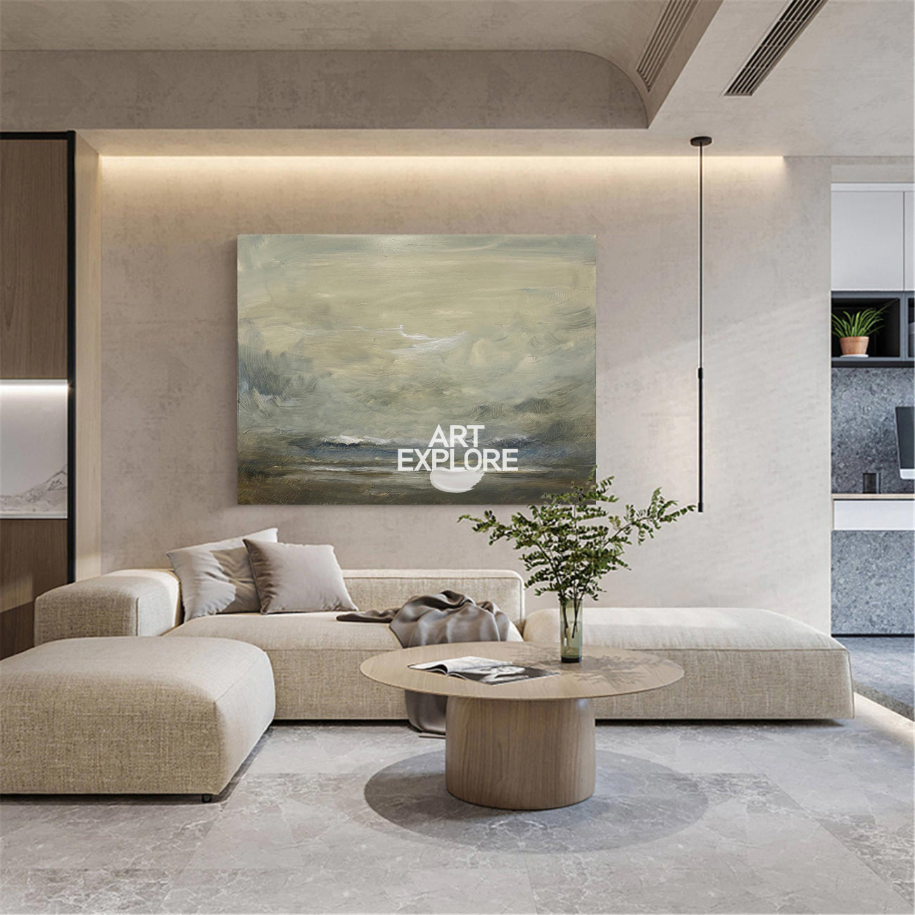 Color Beige Impressionist Seascape Paintings Large Beach Canvas Wall Art Modern Beach Art