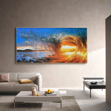 Big Ocean Sunset Painting Orange Wave Wall Art Large Coastal Painting Bright Color Painting Blue Beach Wall Art Framed Sky Canvas Art Decor