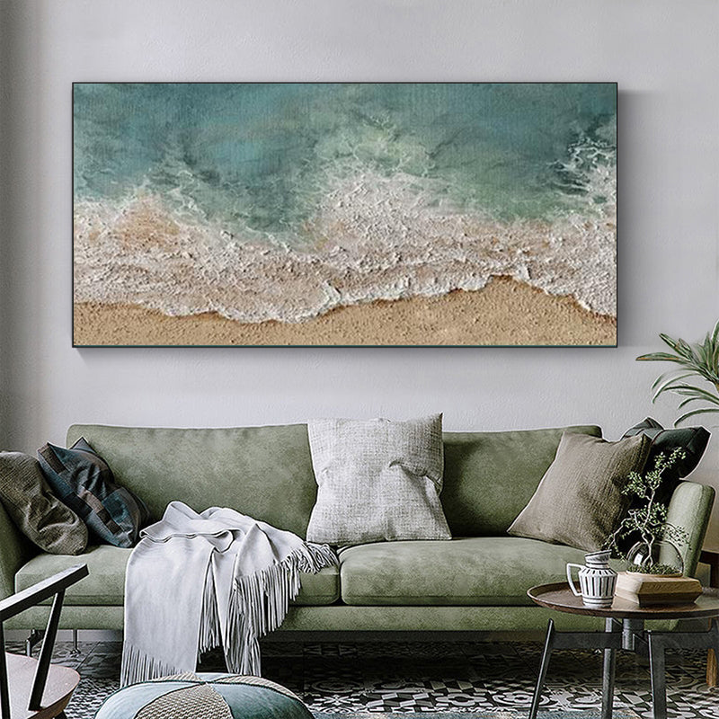 Textured Ocean Wave Canvas Wall Modern Seaside Panoramic Wall Art Blue Beach Painting