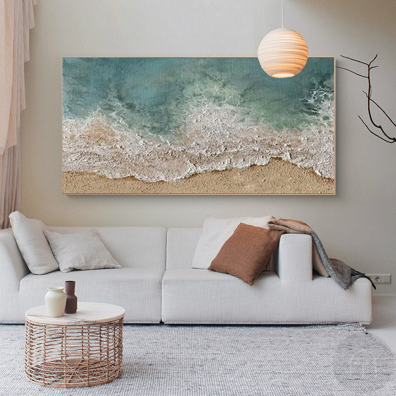 Textured Ocean Wave Canvas Wall Modern Seaside Panoramic Wall Art Blue Beach Painting