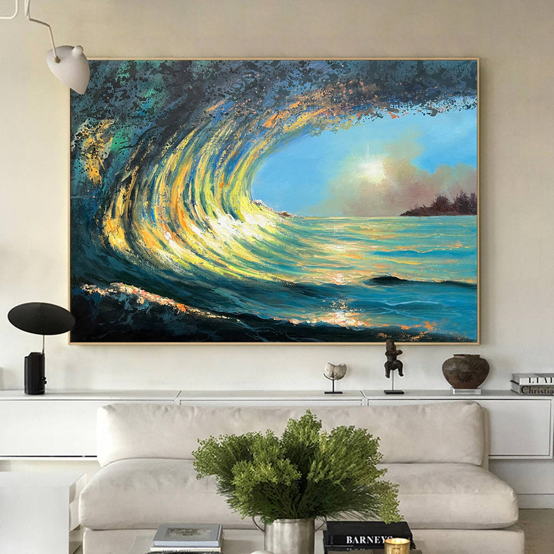 Sunrise And Wave Landscape Acrylic Painting Large Wave Canvas Art Huge Ocean Wave Art For Living Room Wall Art