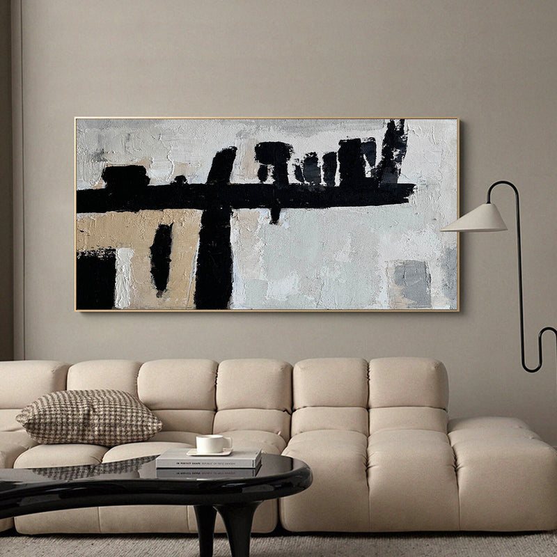 Modern Abstract Art Extra Large Black Beige Abstract Acrylc Painting, Interior Canvas Wall Art For Sale
