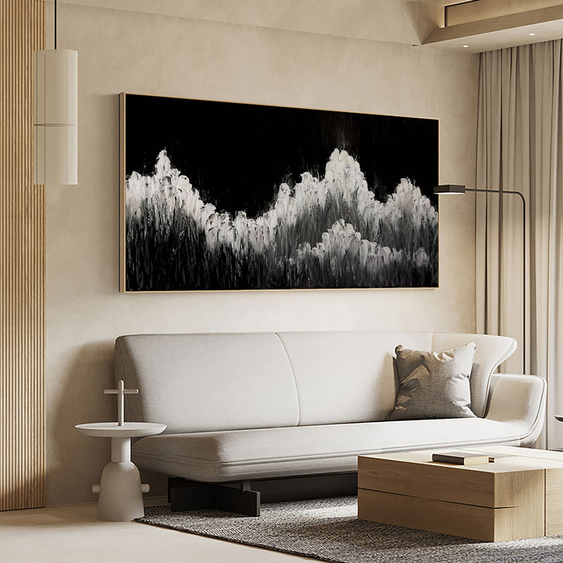 Large Black White Ocean Wave Abstract Painting Panoramic Wall Art Huge Canvas Art For Living Room