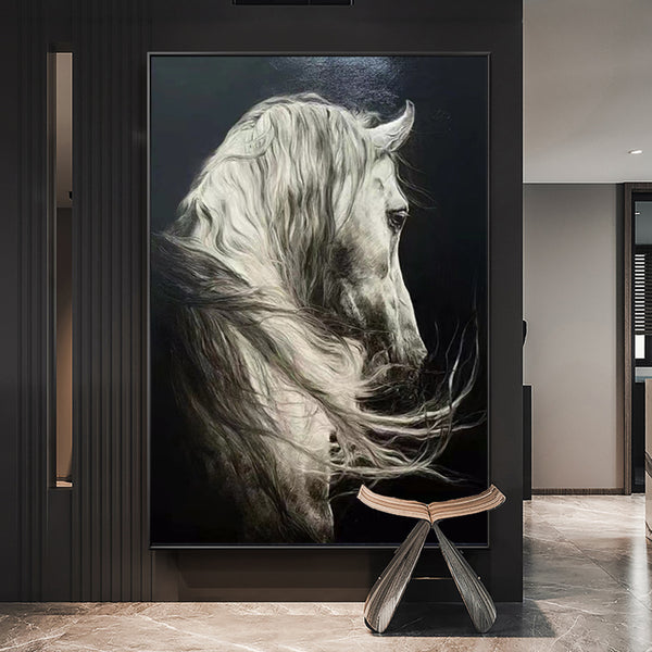 Large White Horse Oil Painting Wild Horse Canvas Art Black and White Horse Painting For Sale