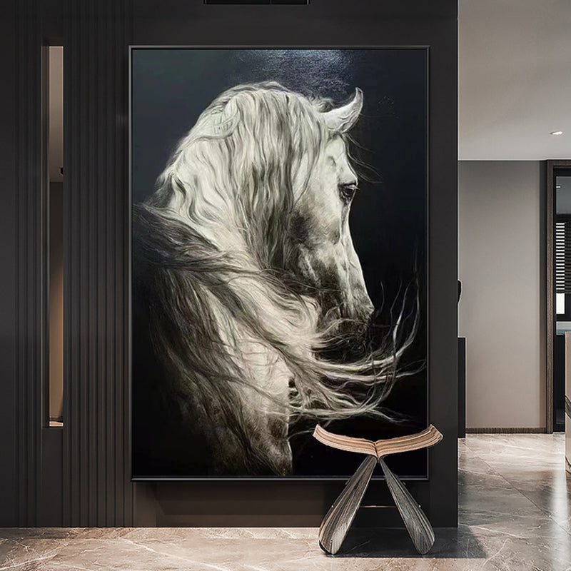 Large White Horse Oil Painting Wild Horse Canvas Art Black and White Horse Painting For Sale