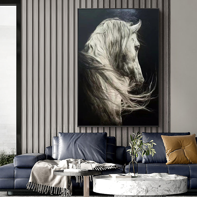 Large White Horse Oil Painting Wild Horse Canvas Art Black and White Horse Painting