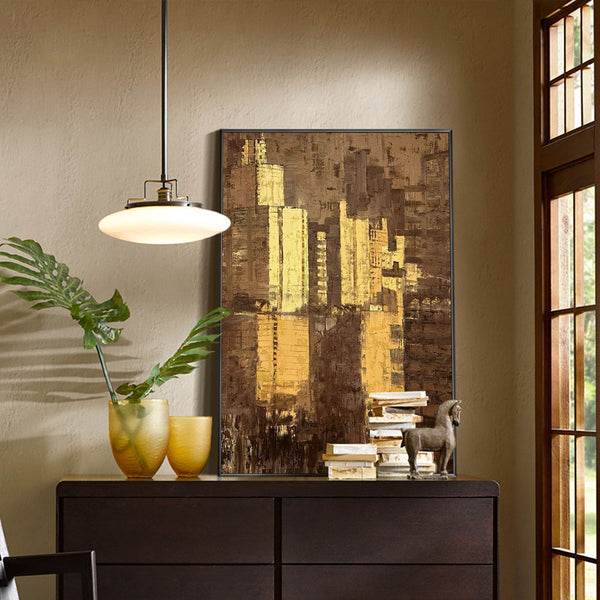 Large Brown Gold Abstract Cityscape Canvas Art Modern Abstract Wall Art City Canvas Art For Sale