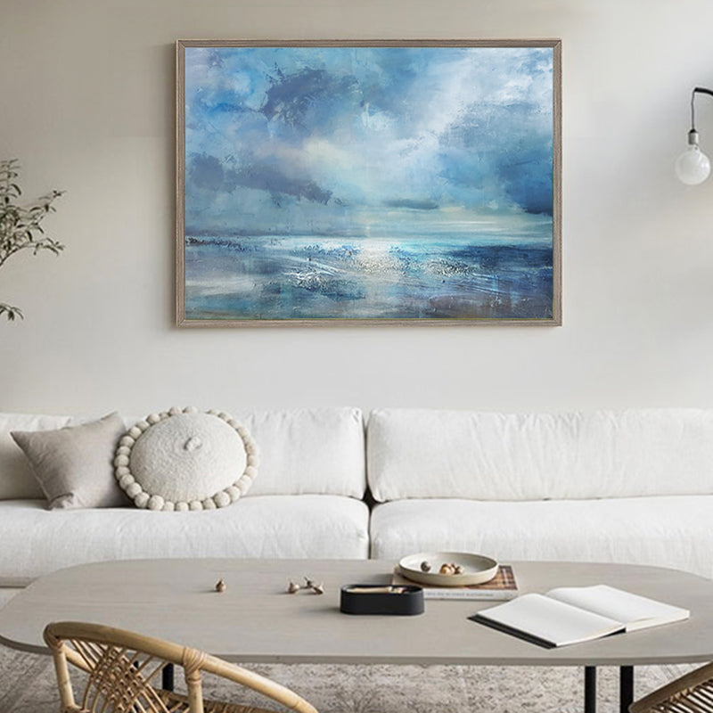 Blue Abstract Seascape Canvas Art Impressionist Acrylic Paintings Large Beach Canvas Wall Art 