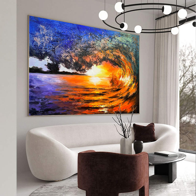 Big Sunset And Wave Landscape Acrylic Painting On Canvas Large Sunset Canvas Art Huge Ocean Wave Art For Living Room Decor