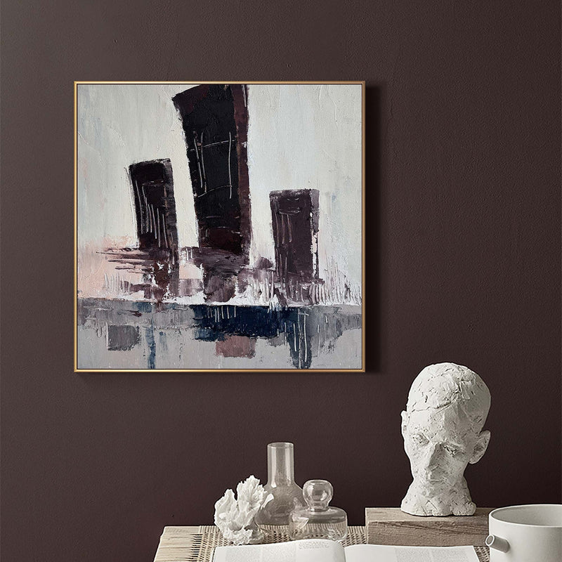 Modern Abstract Gery Canvas Wall Art, Cityscape Minimalist Painting Grey Canvas Painting