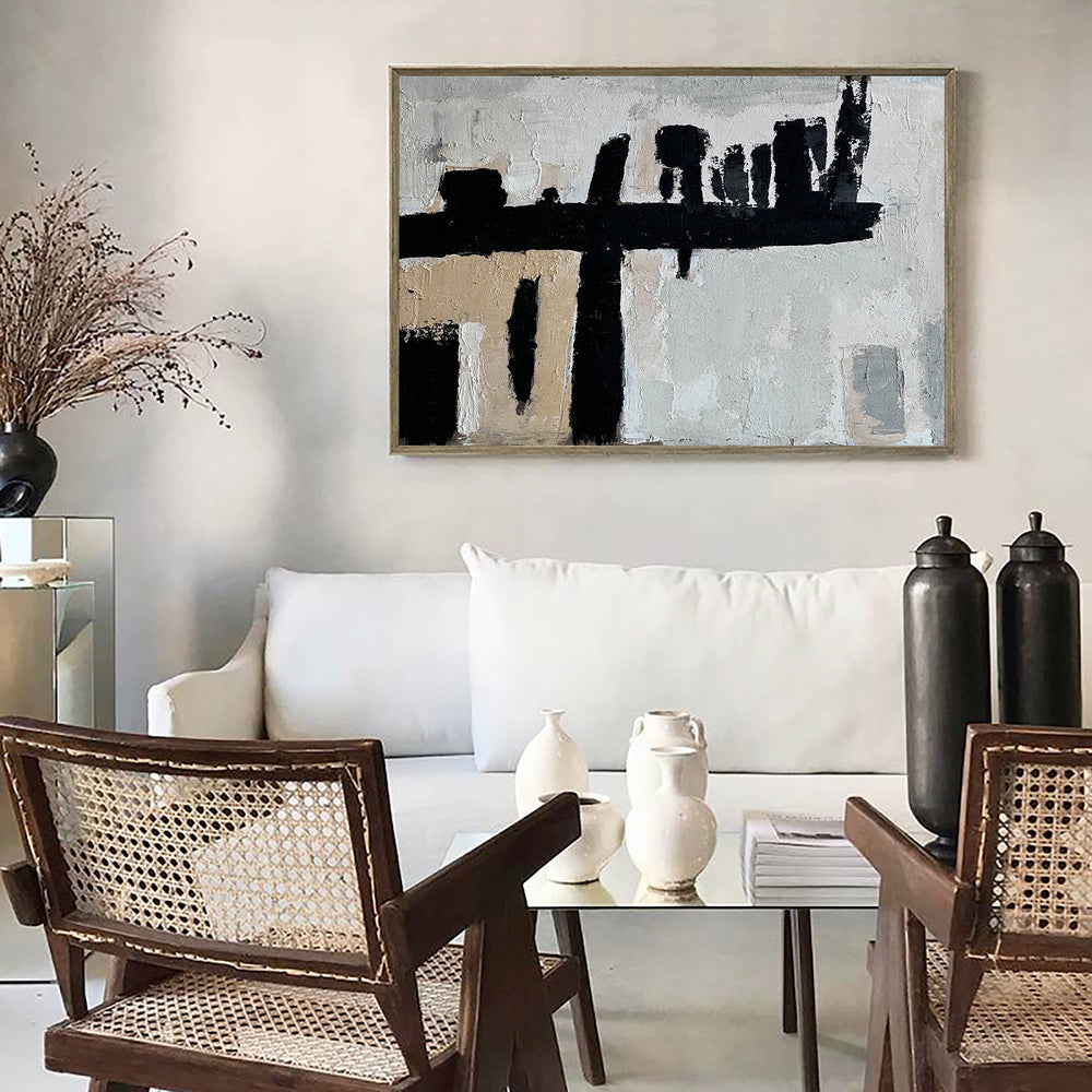 Wabi-sabi Black Beige Abstract Wall Art, Modern Abstract Acrylic Painting On Canvas, Interior Decor Painting