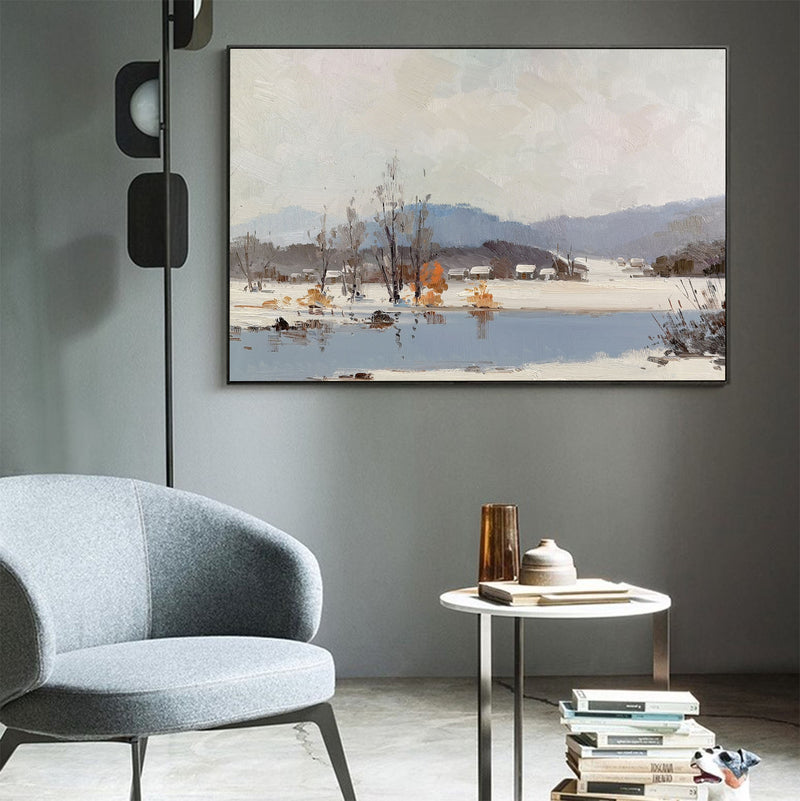 White Winter Scene Snow Tree Rural Landscape Canvas Wall Art Large Snow Landscape Painting For Sale