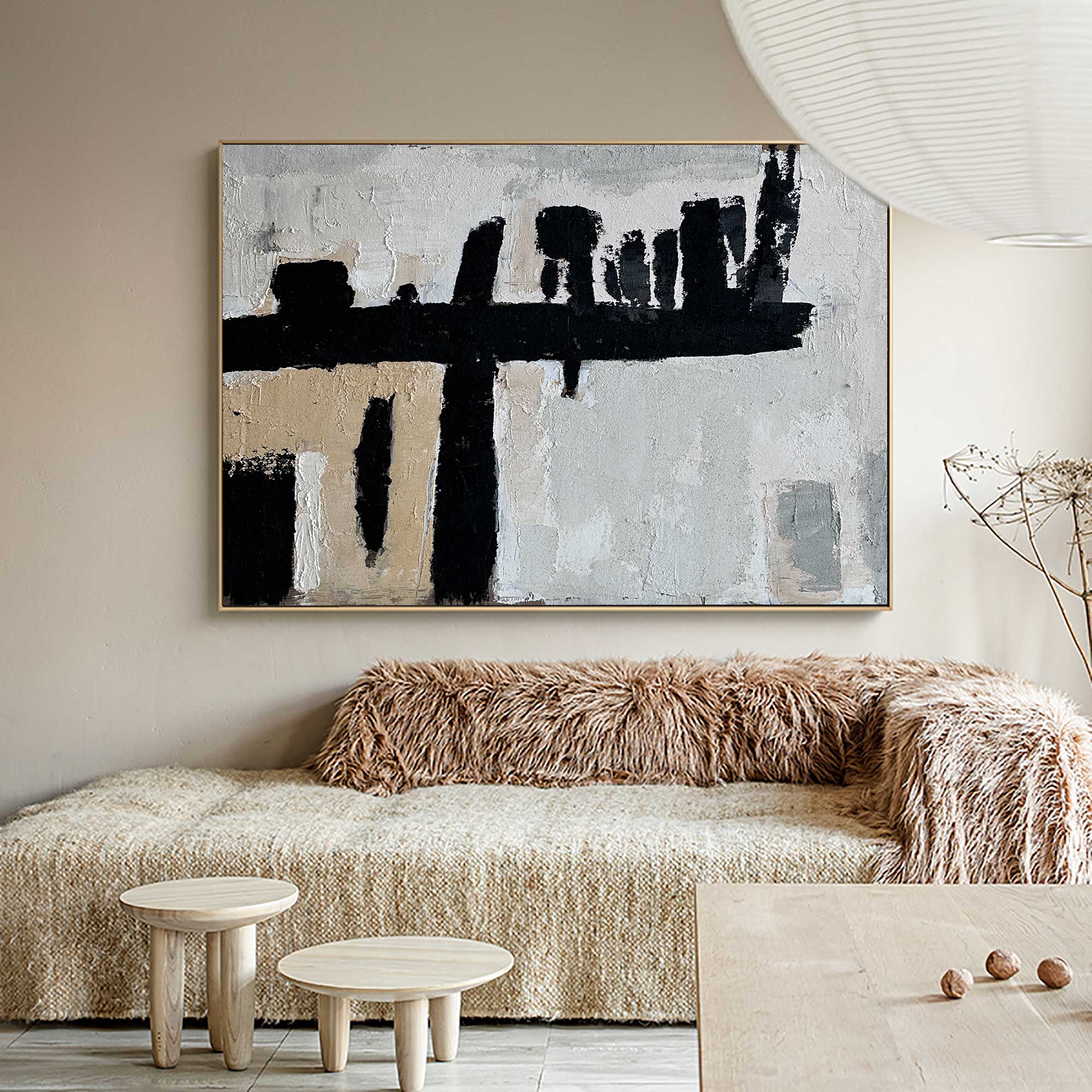 Wabi-sabi Black Beige Abstract Wall Art, Modern Abstract Acrylic Painting On Canvas, Interior Decor Painting