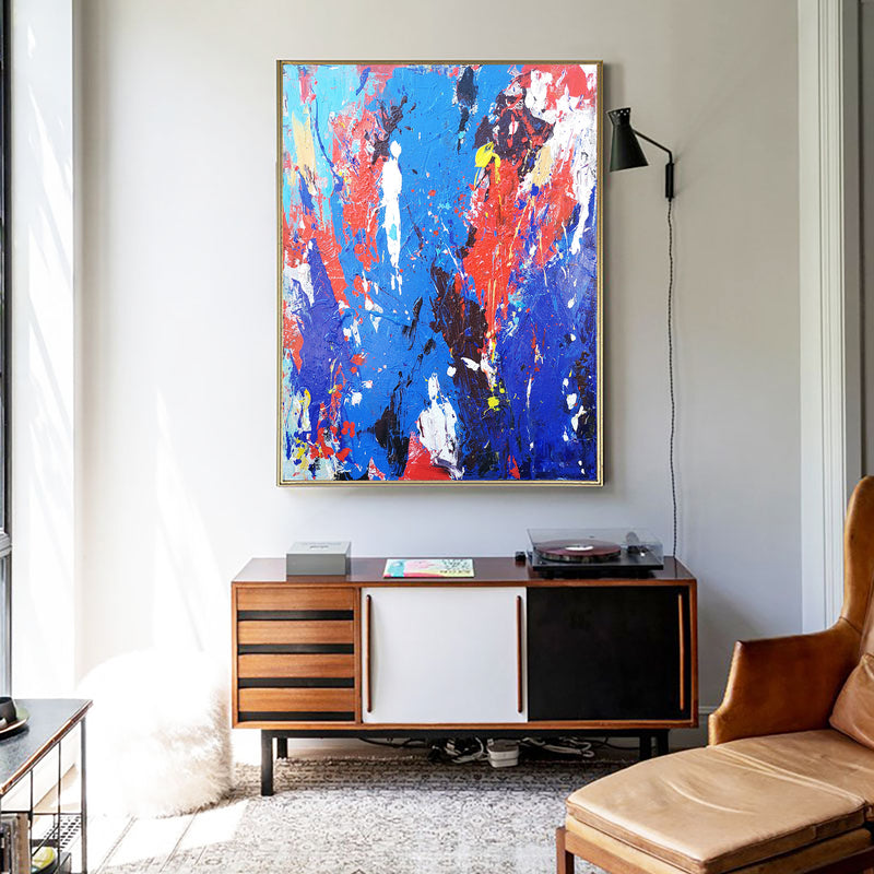 36 x 48 Vertical Multicolor Wall Painting Blue And Red Textured Abstract Art