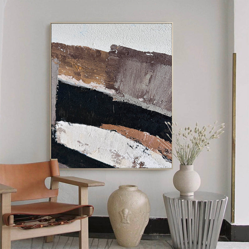 Large Brown Japanese Abstract Canvas Wall Art, Modern Brown Abstract Canvas Painting For Livingroom