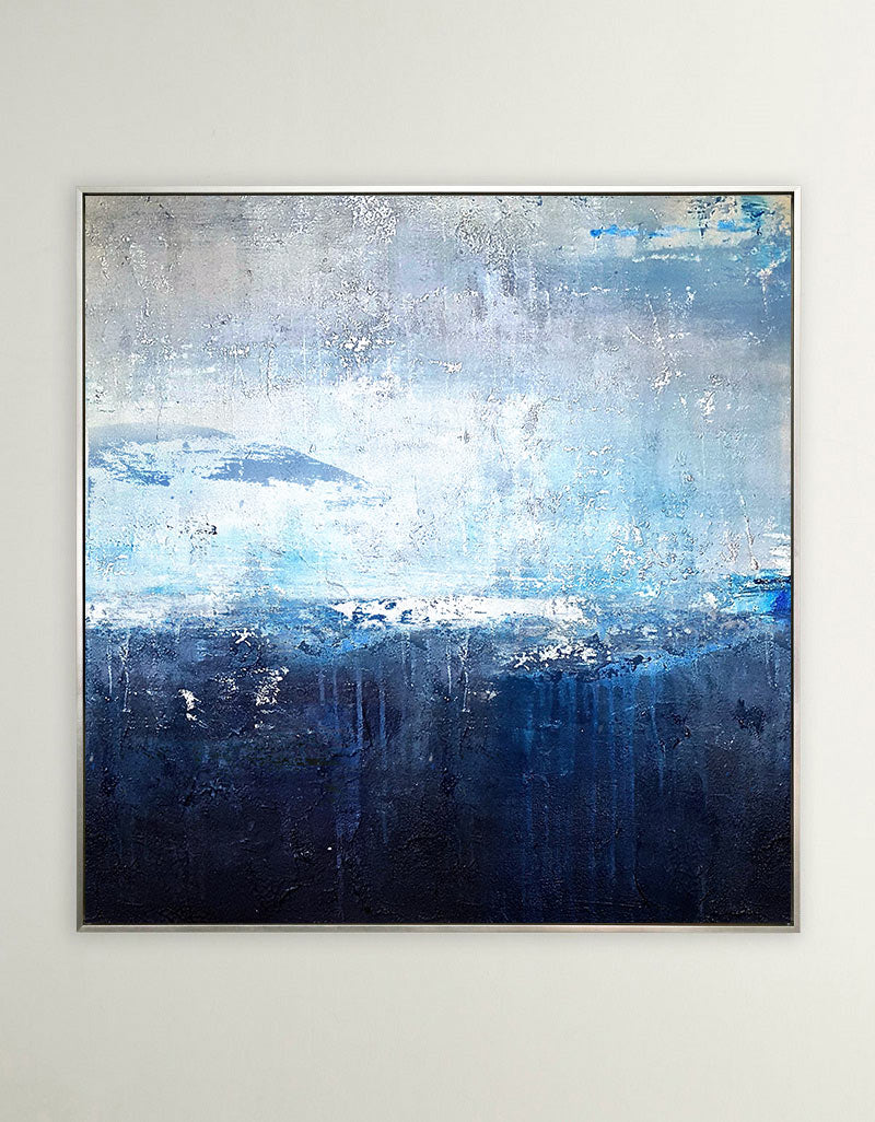 Original Extra Large Square Navy Blue Abstract Ocean Painting On Canvas
