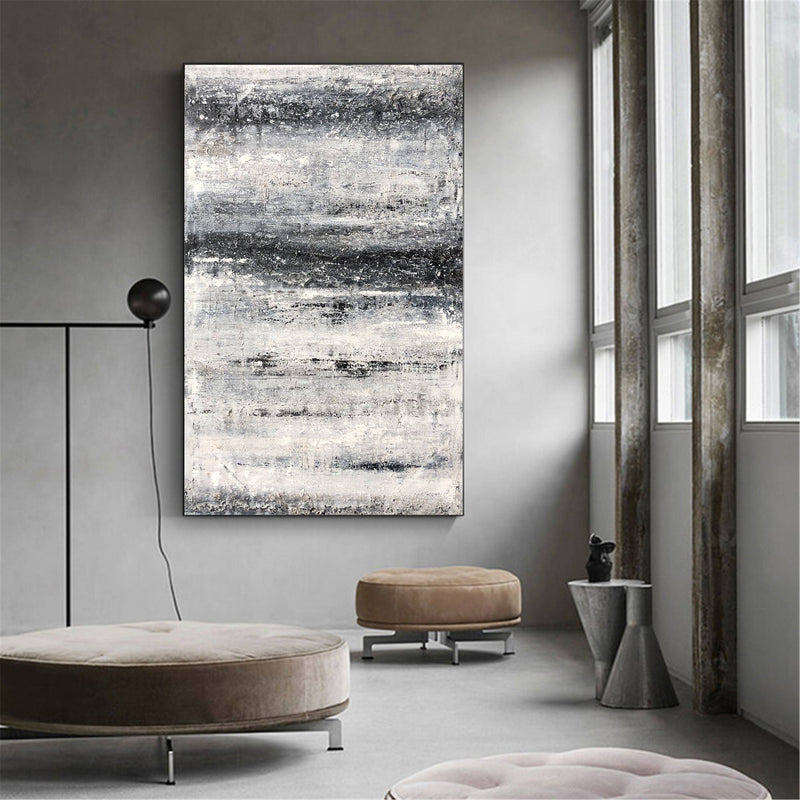 Large Vertical Black And White Abstract Beach Painting Modern Textured Art For Living Room