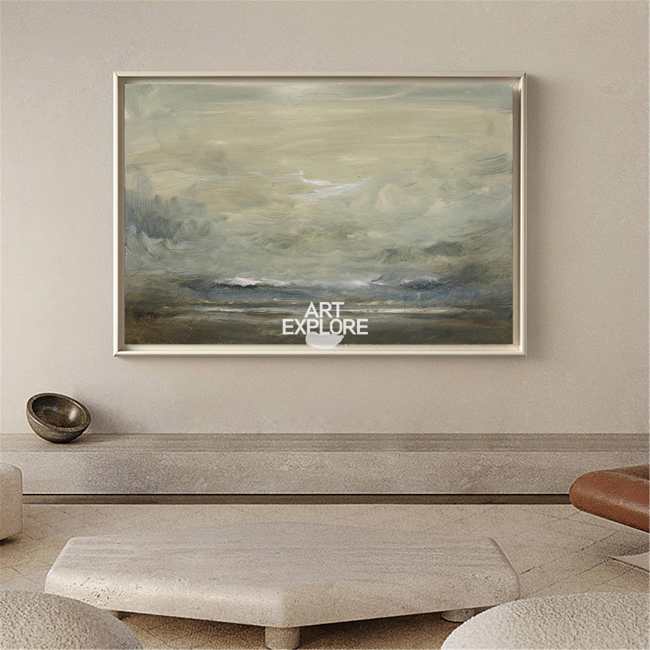 Color Beige Impressionist Seascape Paintings Large Beach Canvas Wall Art Modern Beach Art