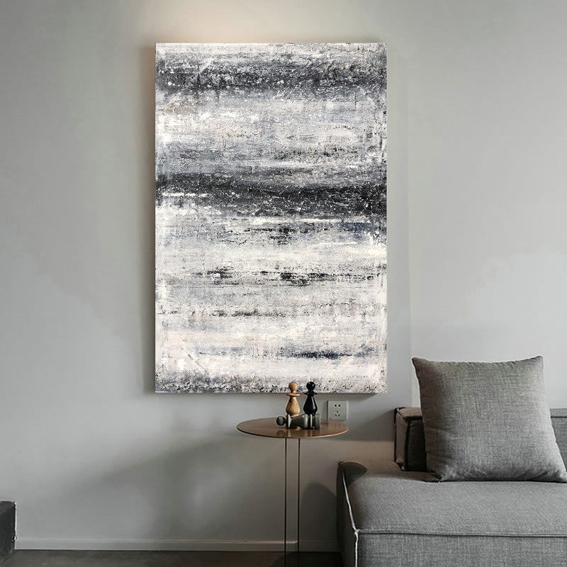 Large Vertical Black And White Abstract Beach Painting Modern Textured Art For Living Room