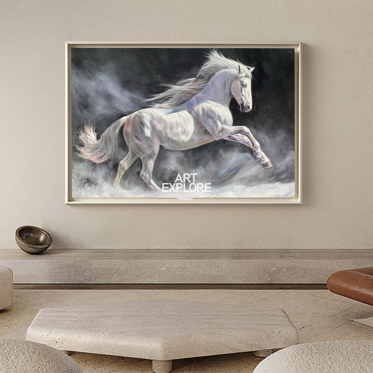 Modern Wild Running Horses Canvas Wall Art Extra Large White Horse Acrylic Painting For Sale