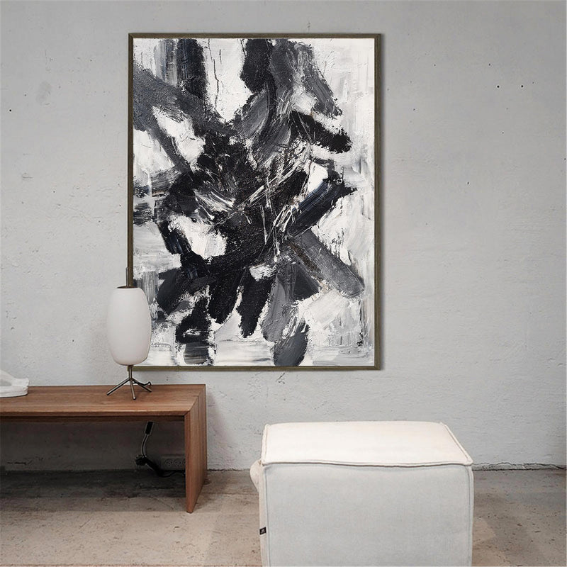 Large Black And White Canvas Art Framed Textured Abstract Painting Modern Abstract Wall Art