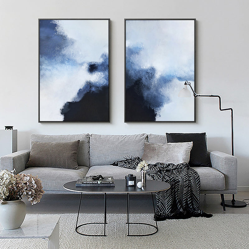 2 Piece Blue White Black Modern Abstract Wall Art For Living Room